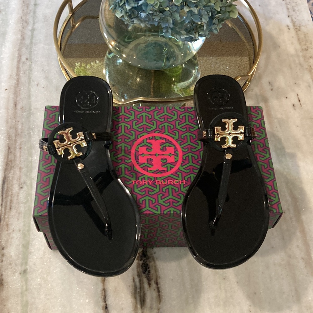 Tory Burch Mini Miller Flat Thong Jelly Sandal Perfect Black size 7